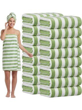 16 Pack Microfiber Bath Towels - Soft, Quick-Dry, Green Stripe Design